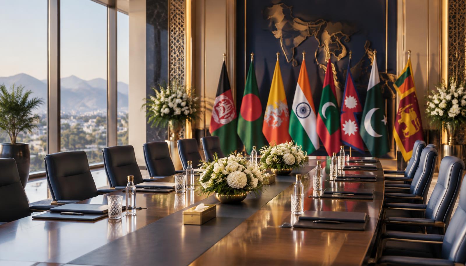Conference room prepared for a future international business gathering